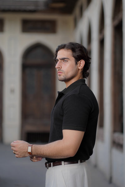Black Waffle Knitted POLO Shirt