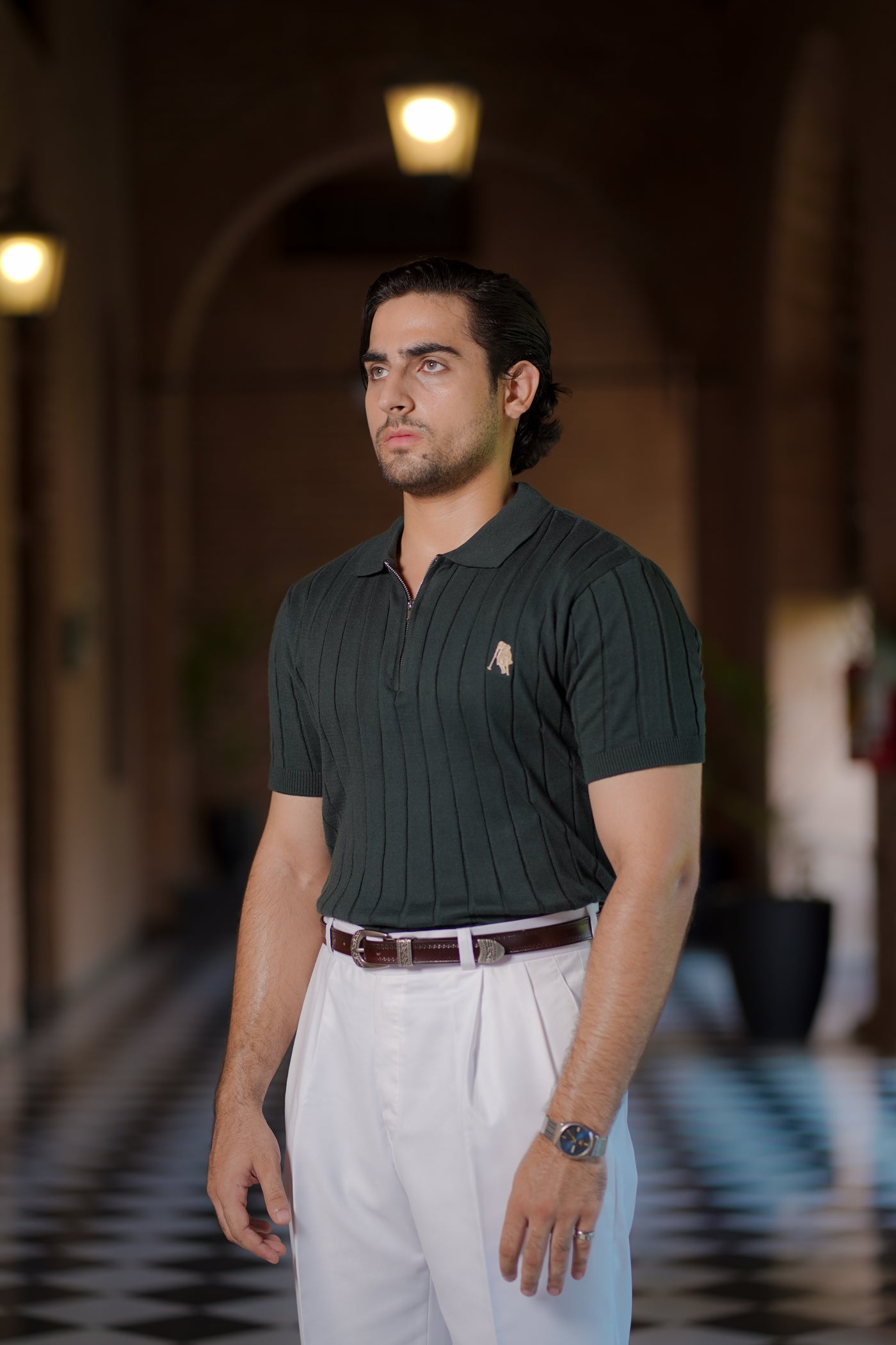 GREEN DROP NEEDLE ZIP POLO SHIRT