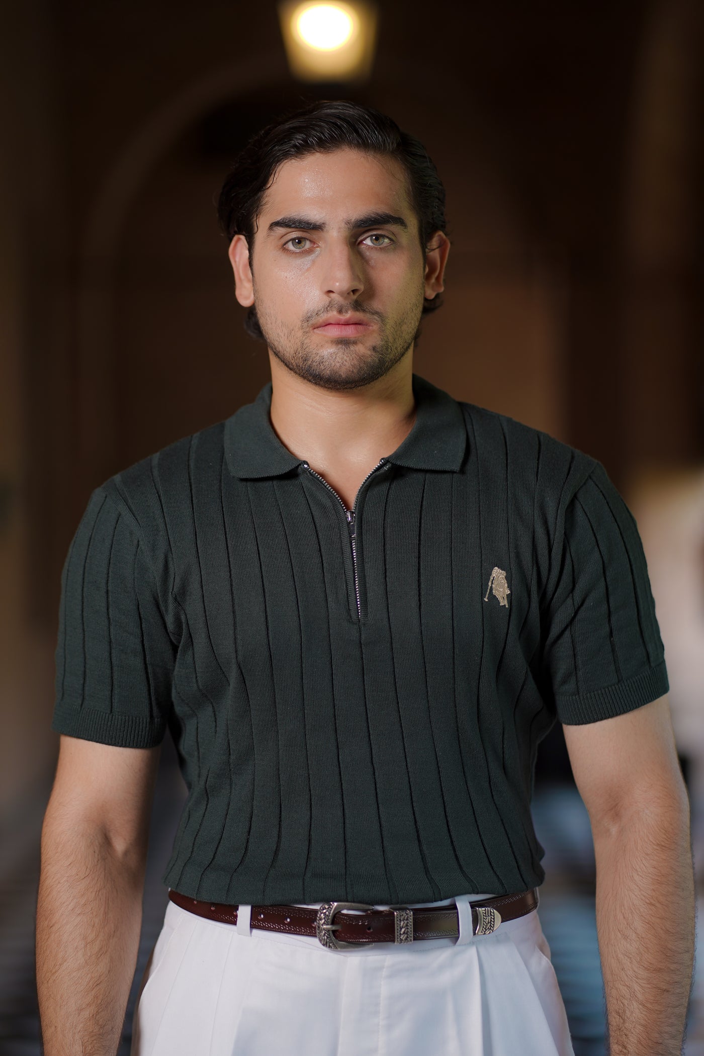 GREEN DROP NEEDLE ZIP POLO SHIRT