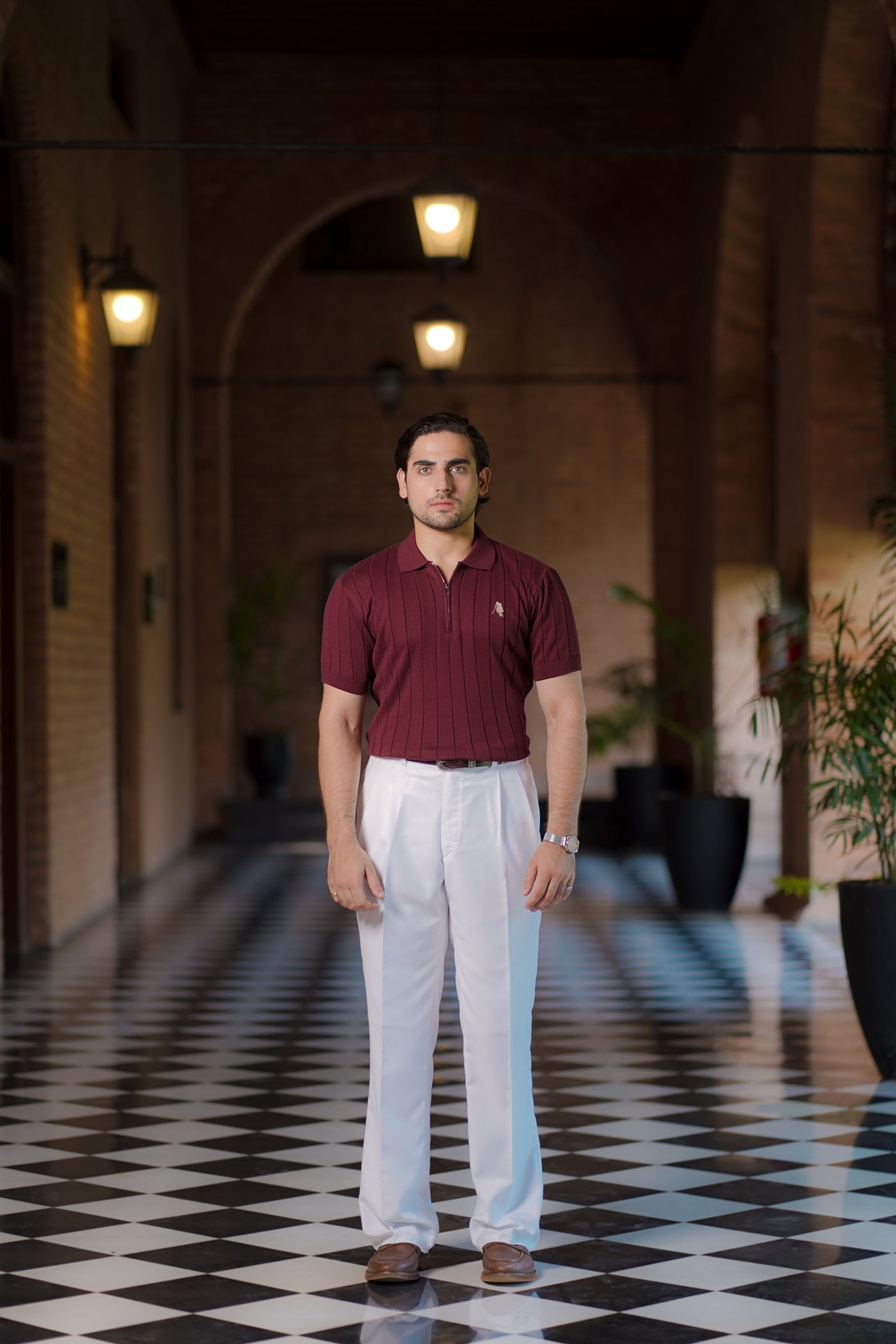 BURGUNDY DROP NEEDLE ZIP POLO SHIRT