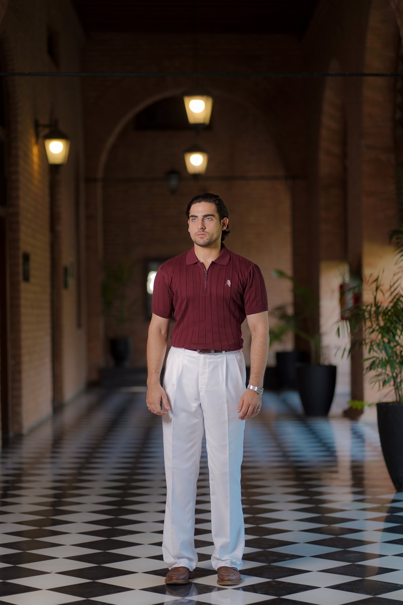 BURGUNDY DROP NEEDLE ZIP POLO SHIRT