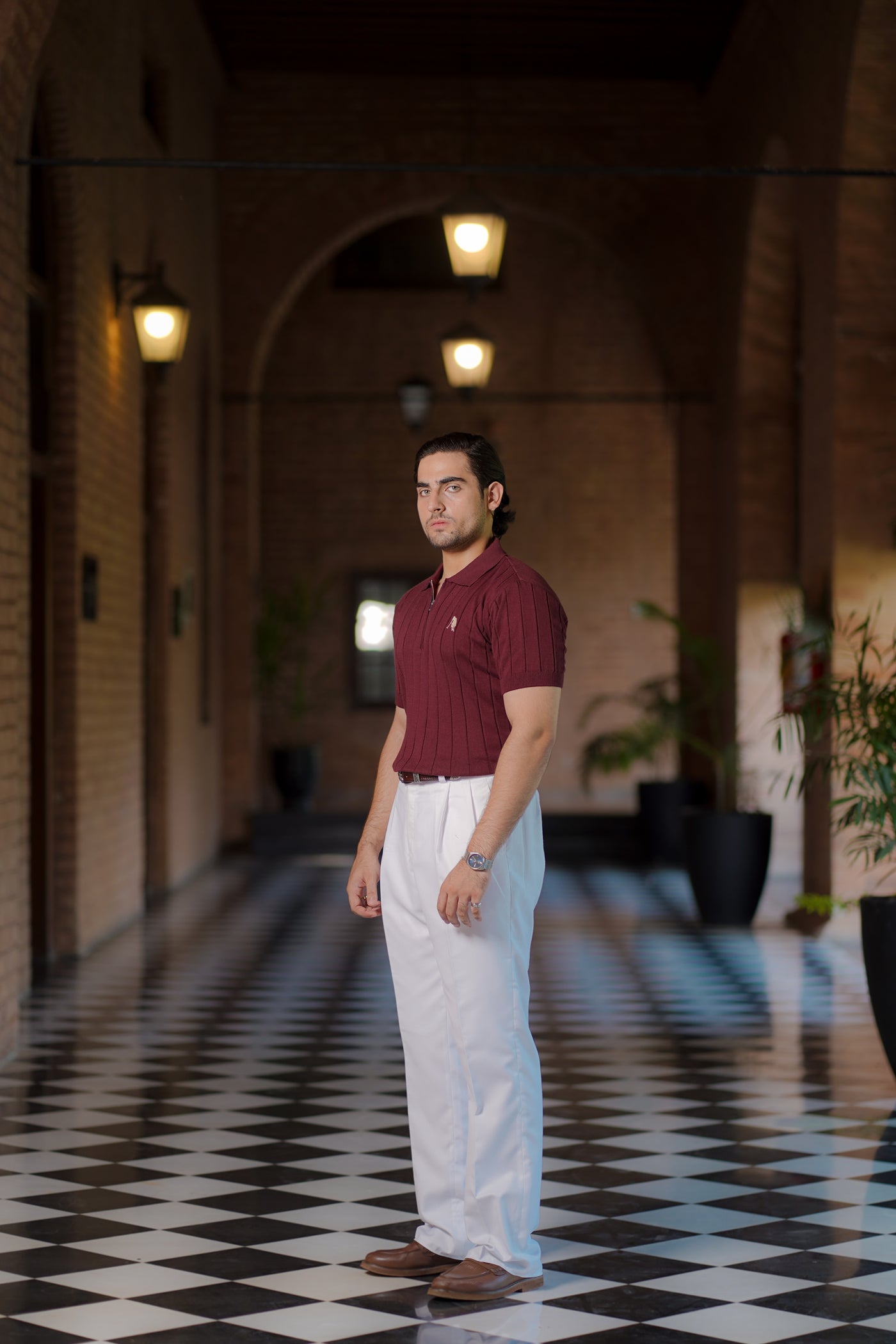 BURGUNDY DROP NEEDLE ZIP POLO SHIRT