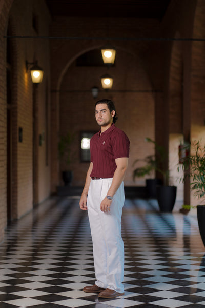 BURGUNDY DROP NEEDLE ZIP POLO SHIRT