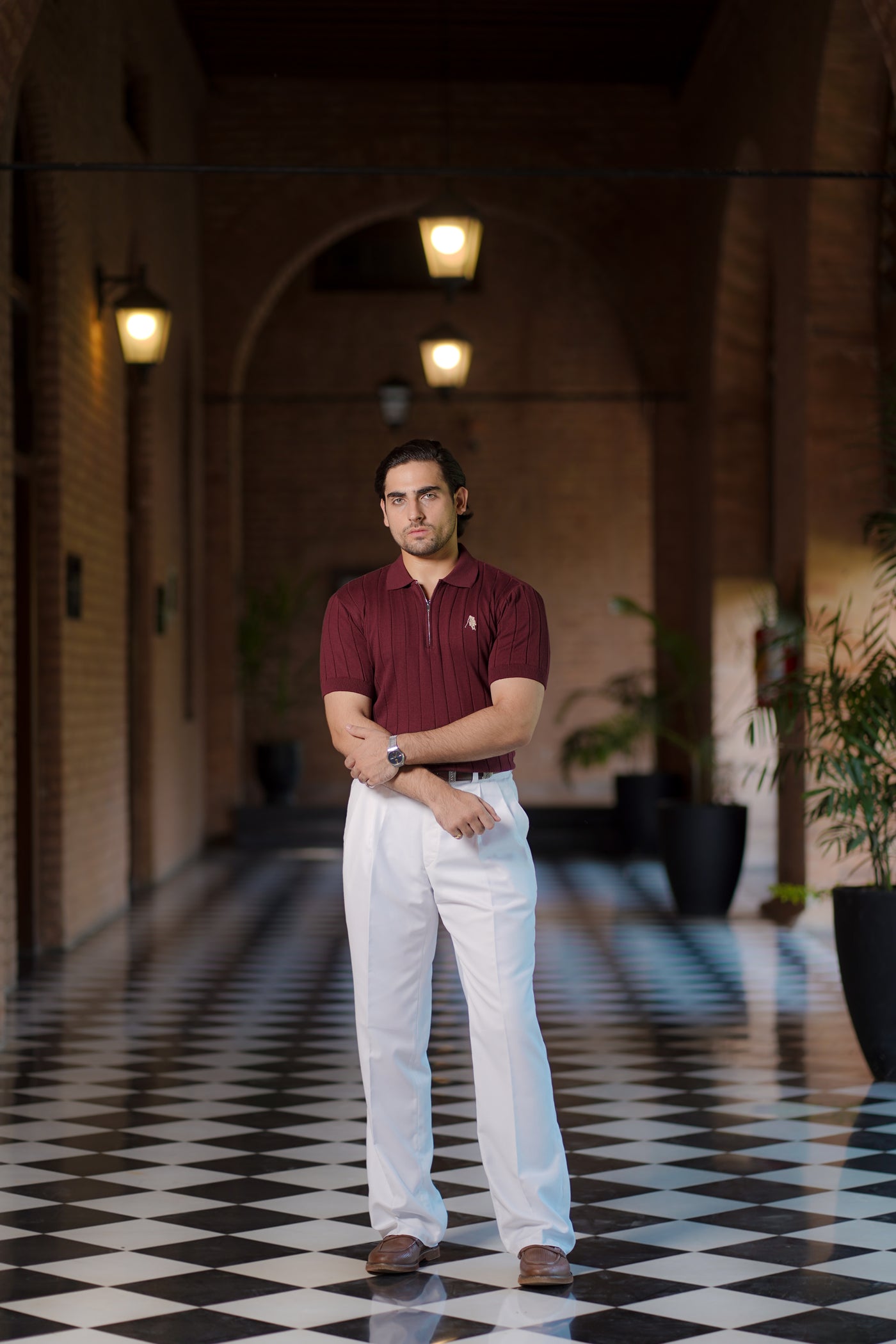 BURGUNDY DROP NEEDLE ZIP POLO SHIRT