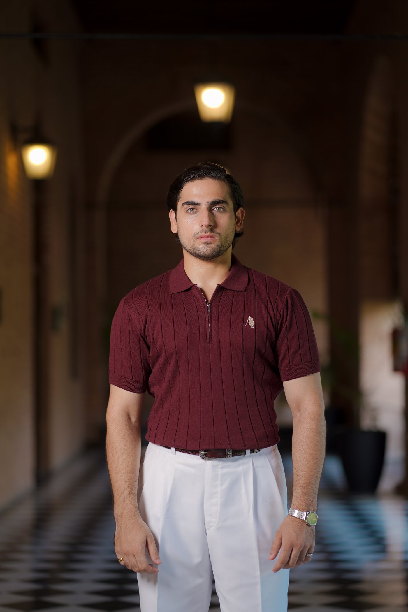 BURGUNDY DROP NEEDLE ZIP POLO SHIRT