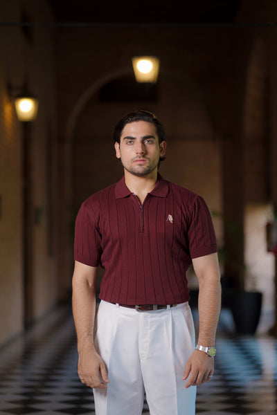 BURGUNDY DROP NEEDLE ZIP POLO SHIRT