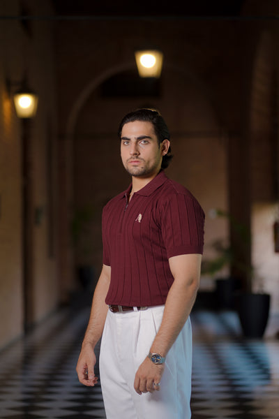 BURGUNDY DROP NEEDLE ZIP POLO SHIRT