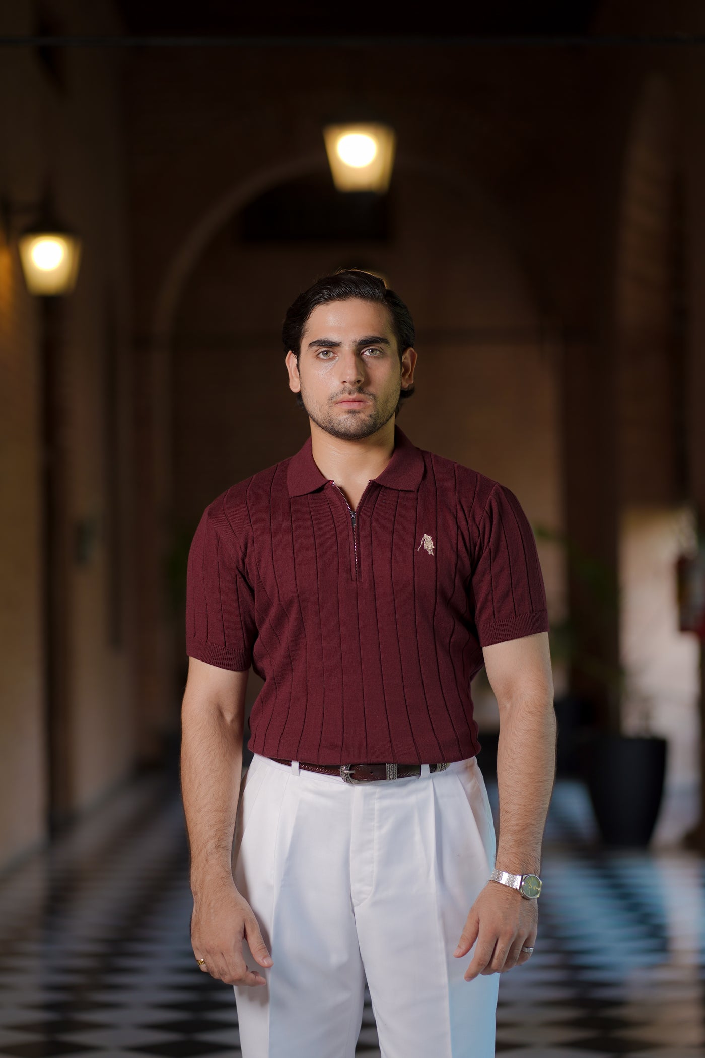 BURGUNDY DROP NEEDLE ZIP POLO SHIRT