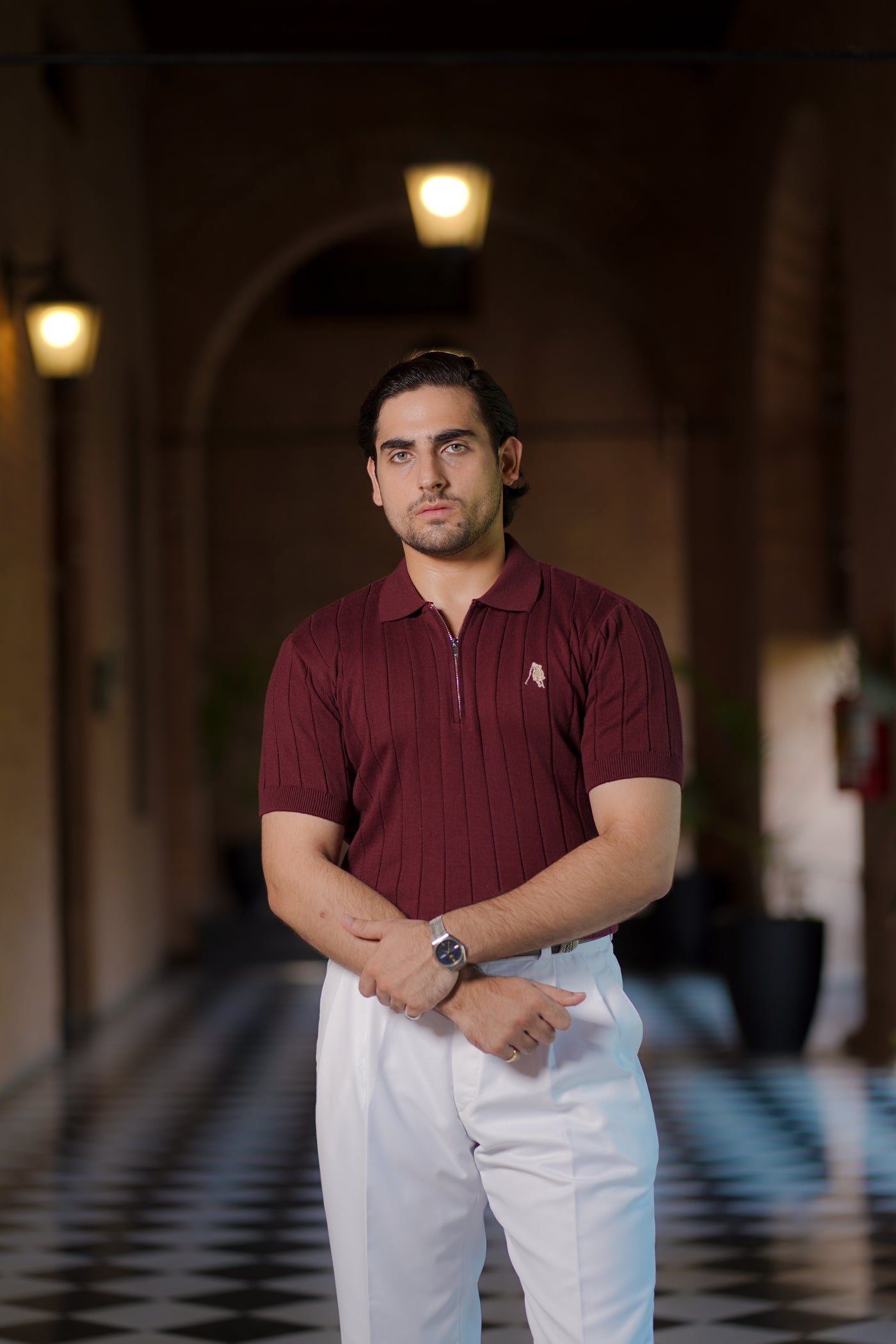 BURGUNDY DROP NEEDLE ZIP POLO SHIRT
