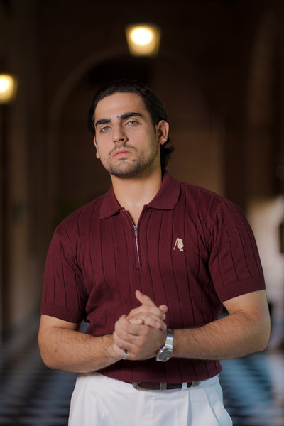 BURGUNDY DROP NEEDLE ZIP POLO SHIRT