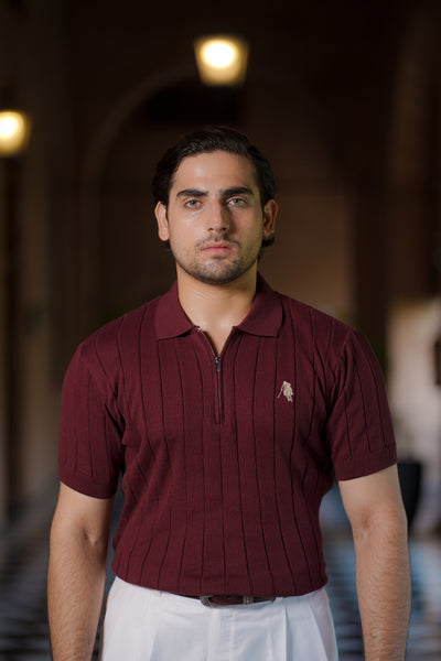 BURGUNDY DROP NEEDLE ZIP POLO SHIRT