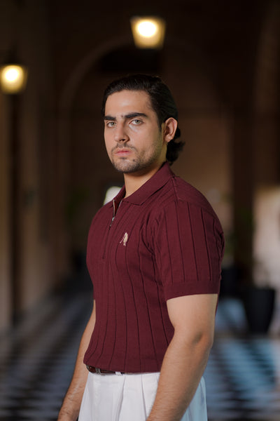 BURGUNDY DROP NEEDLE ZIP POLO SHIRT