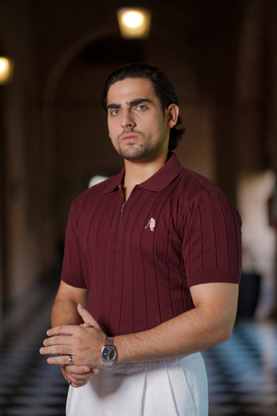 BURGUNDY DROP NEEDLE ZIP POLO SHIRT