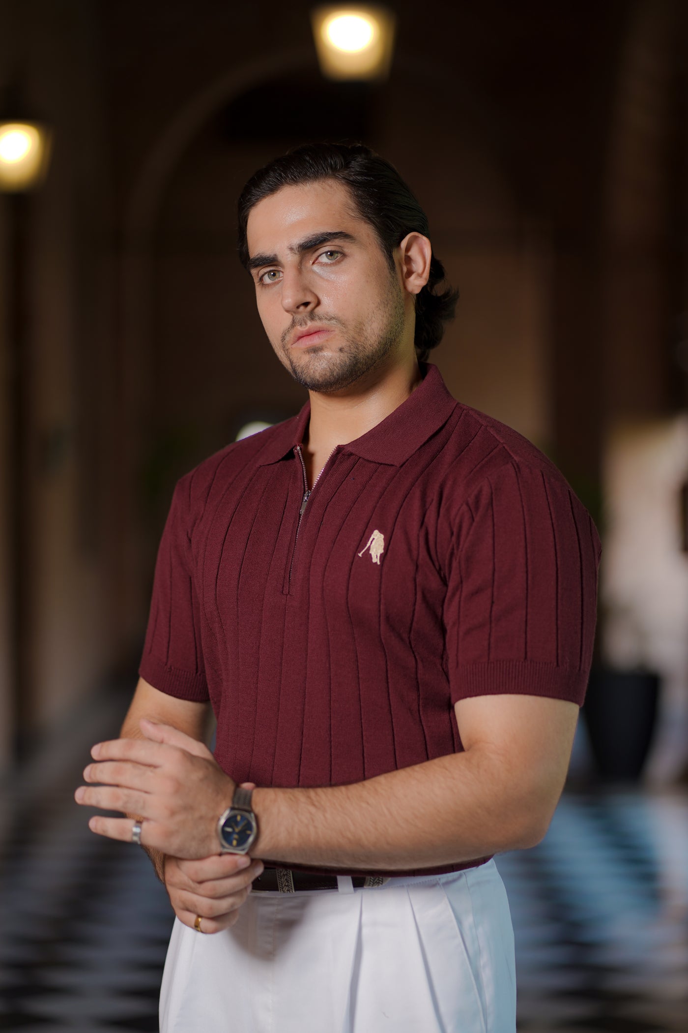 BURGUNDY DROP NEEDLE ZIP POLO SHIRT