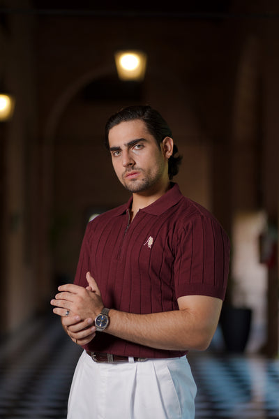 BURGUNDY DROP NEEDLE ZIP POLO SHIRT