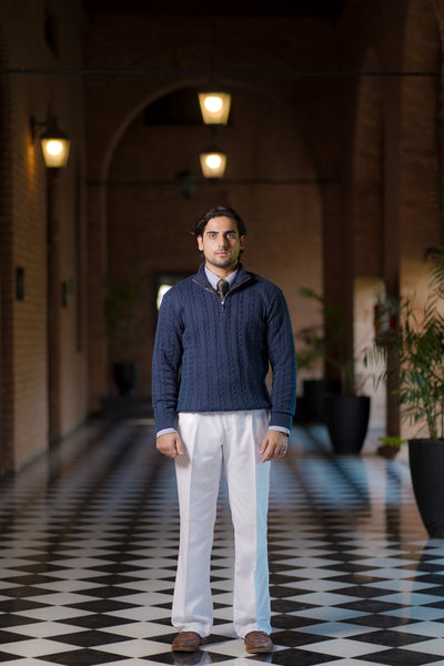 NAVY BLUE CABLE KNIT ZIPPER SWEATER