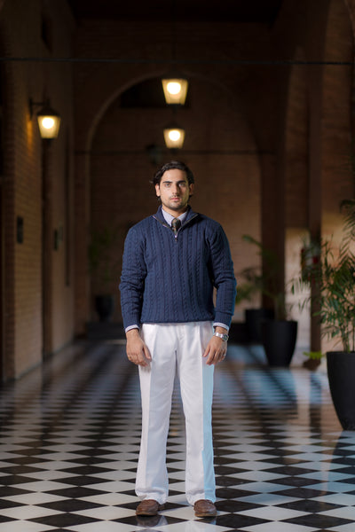 NAVY BLUE CABLE KNIT ZIPPER SWEATER