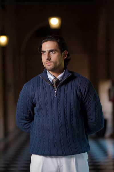 NAVY BLUE CABLE KNIT ZIPPER SWEATER
