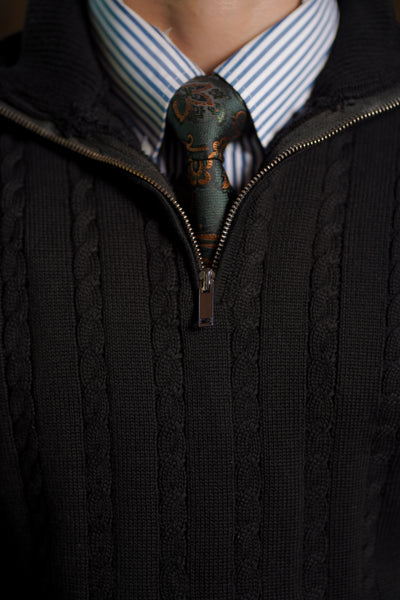 BLACK CABLE KNIT ZIPPER SWEATER