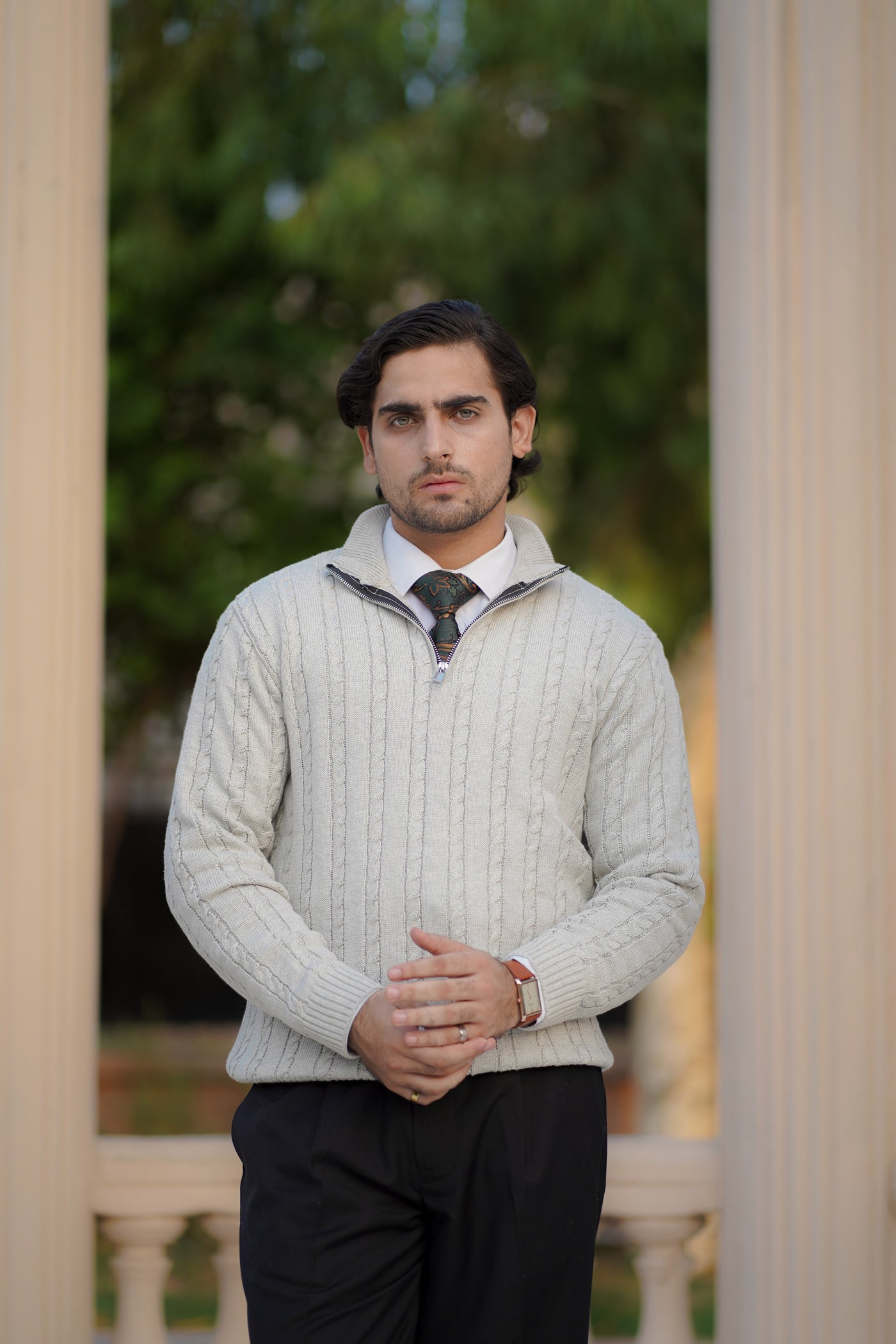 GREY CABLE KNIT ZIPPER SWEATER
