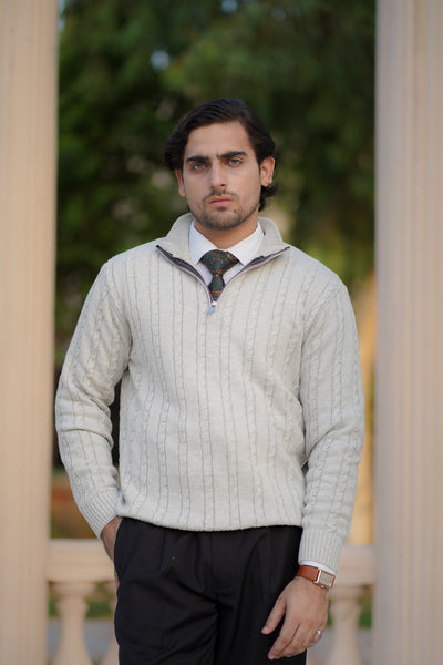 GREY CABLE KNIT ZIPPER SWEATER