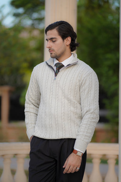 GREY CABLE KNIT ZIPPER SWEATER