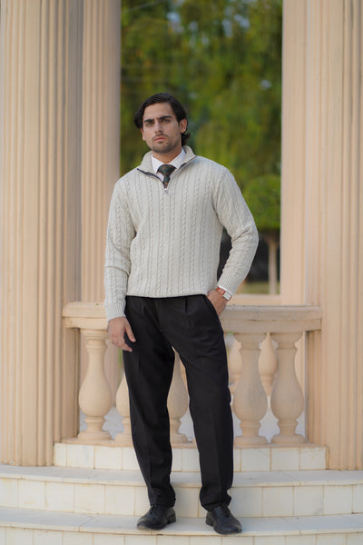 GREY CABLE KNIT ZIPPER SWEATER