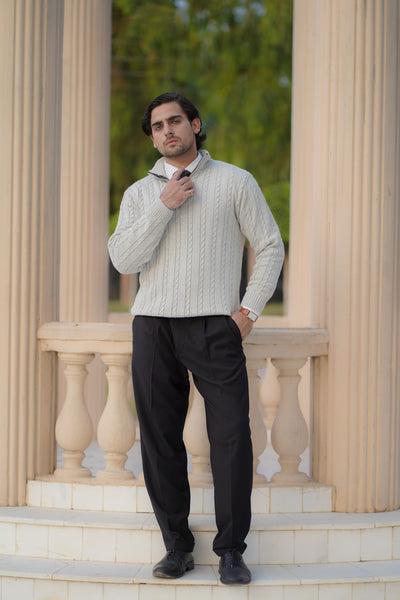 GREY CABLE KNIT ZIPPER SWEATER