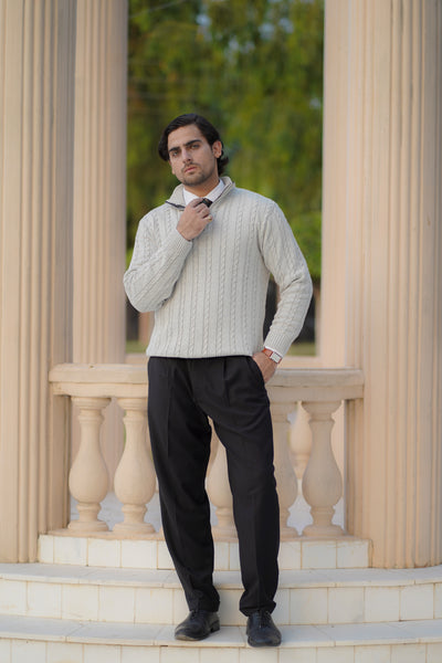 GREY CABLE KNIT ZIPPER SWEATER
