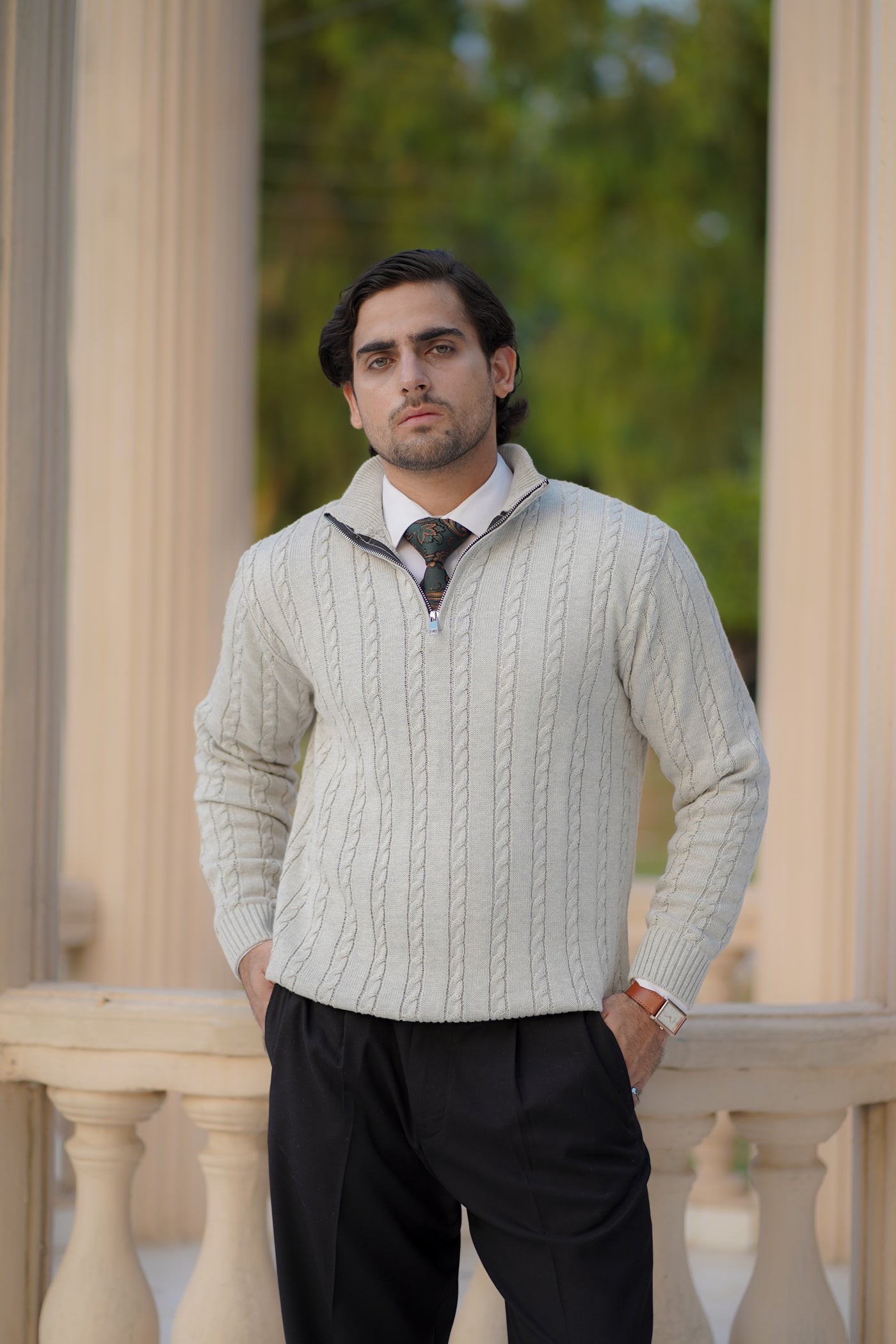 GREY CABLE KNIT ZIPPER SWEATER