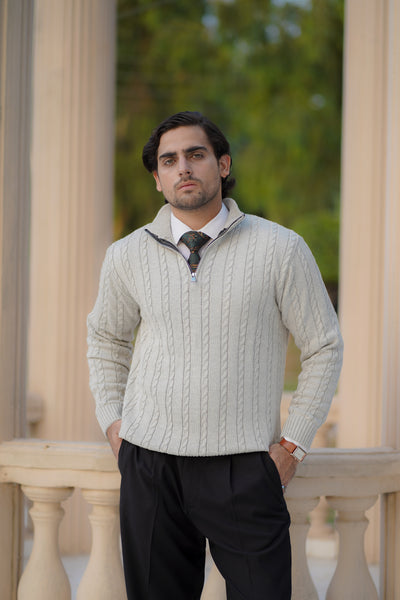GREY CABLE KNIT ZIPPER SWEATER
