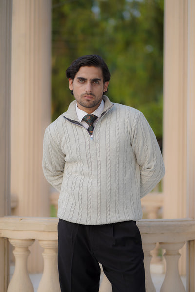 GREY CABLE KNIT ZIPPER SWEATER