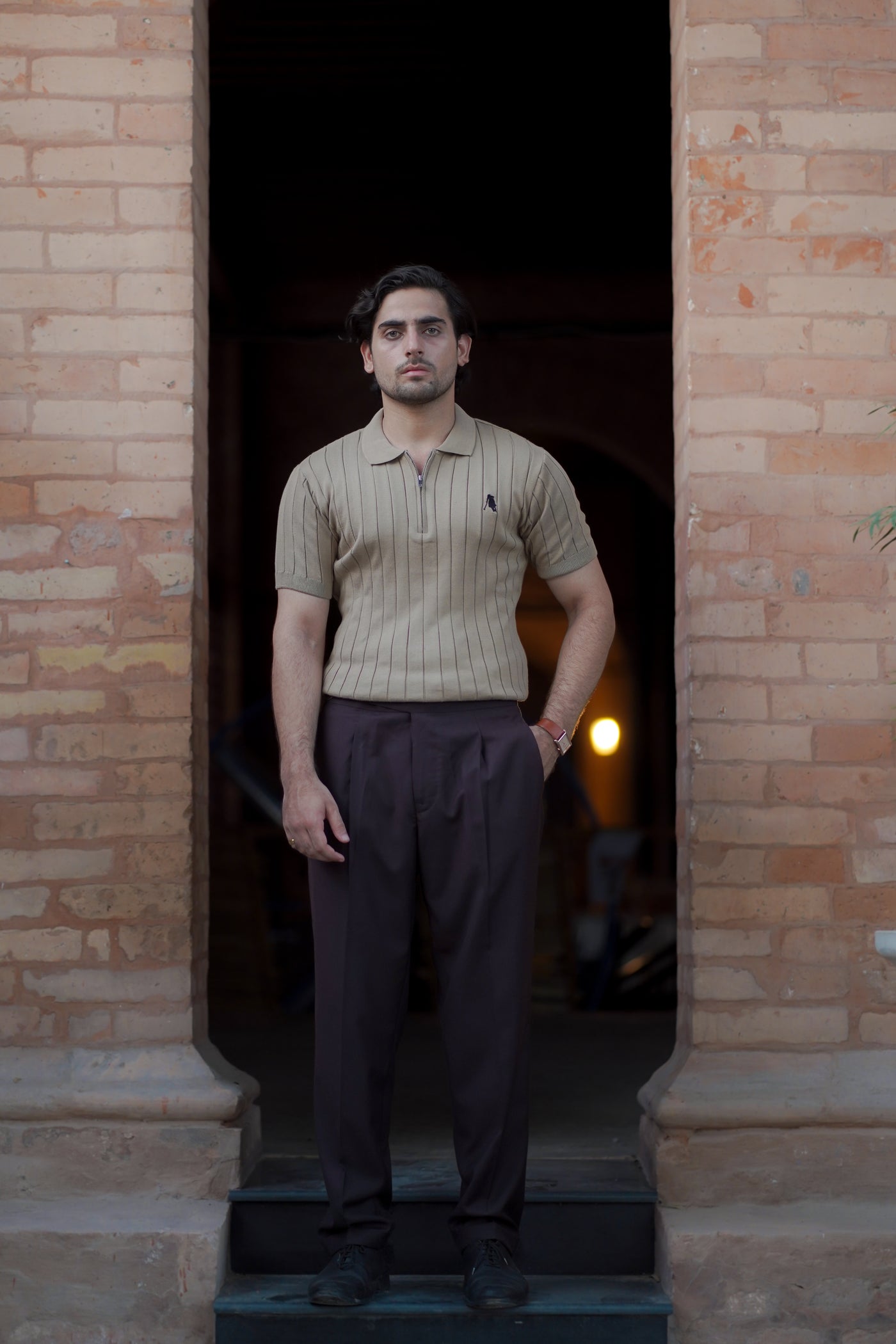 BEIGE DROP NEEDLE ZIP POLO SHIRT