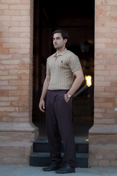 BEIGE DROP NEEDLE ZIP POLO SHIRT