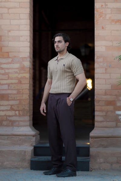 BEIGE DROP NEEDLE ZIP POLO SHIRT