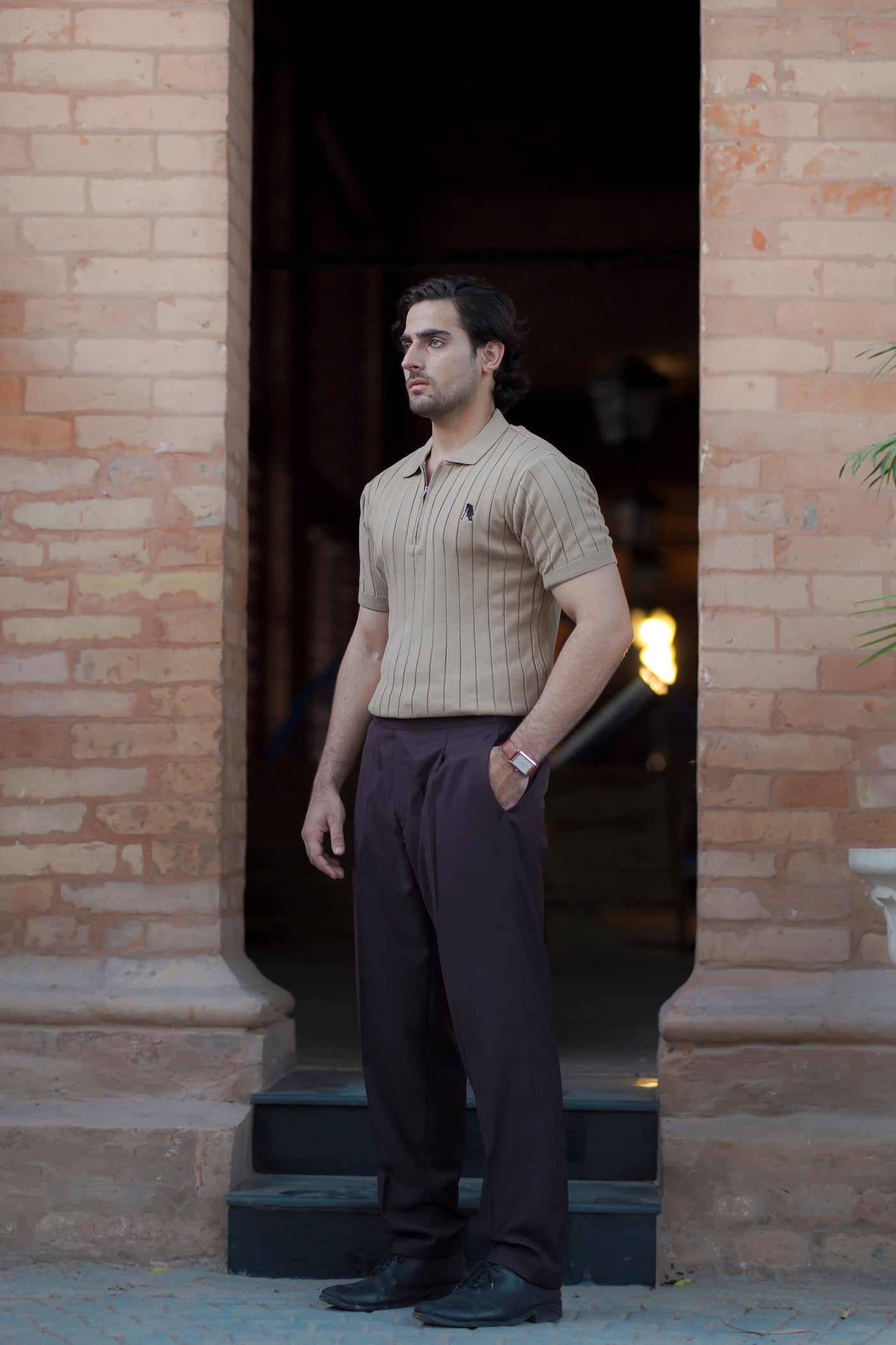 BEIGE DROP NEEDLE ZIP POLO SHIRT