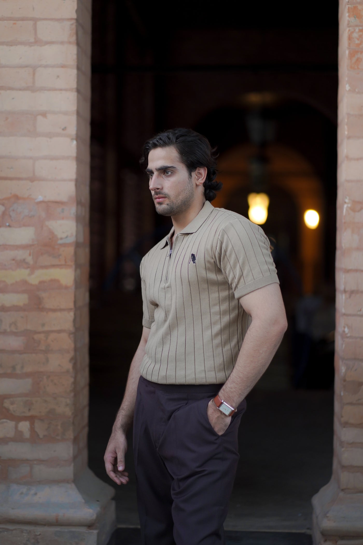 BEIGE DROP NEEDLE ZIP POLO SHIRT