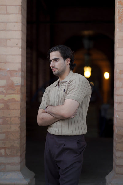 BEIGE DROP NEEDLE ZIP POLO SHIRT