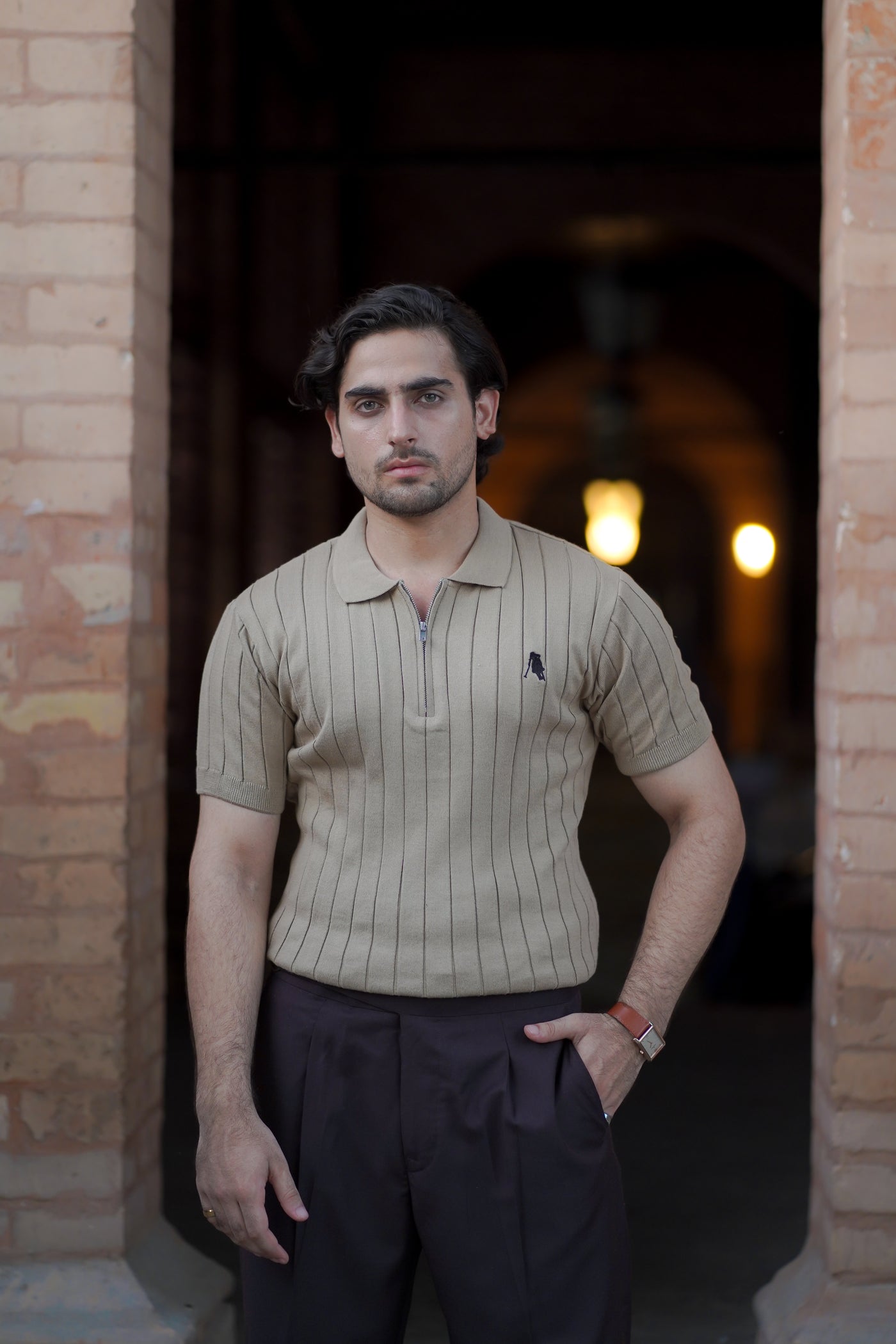 BEIGE DROP NEEDLE ZIP POLO SHIRT