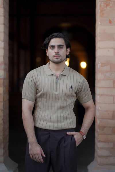 BEIGE DROP NEEDLE ZIP POLO SHIRT