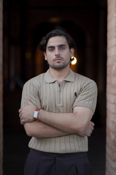 BEIGE DROP NEEDLE ZIP POLO SHIRT