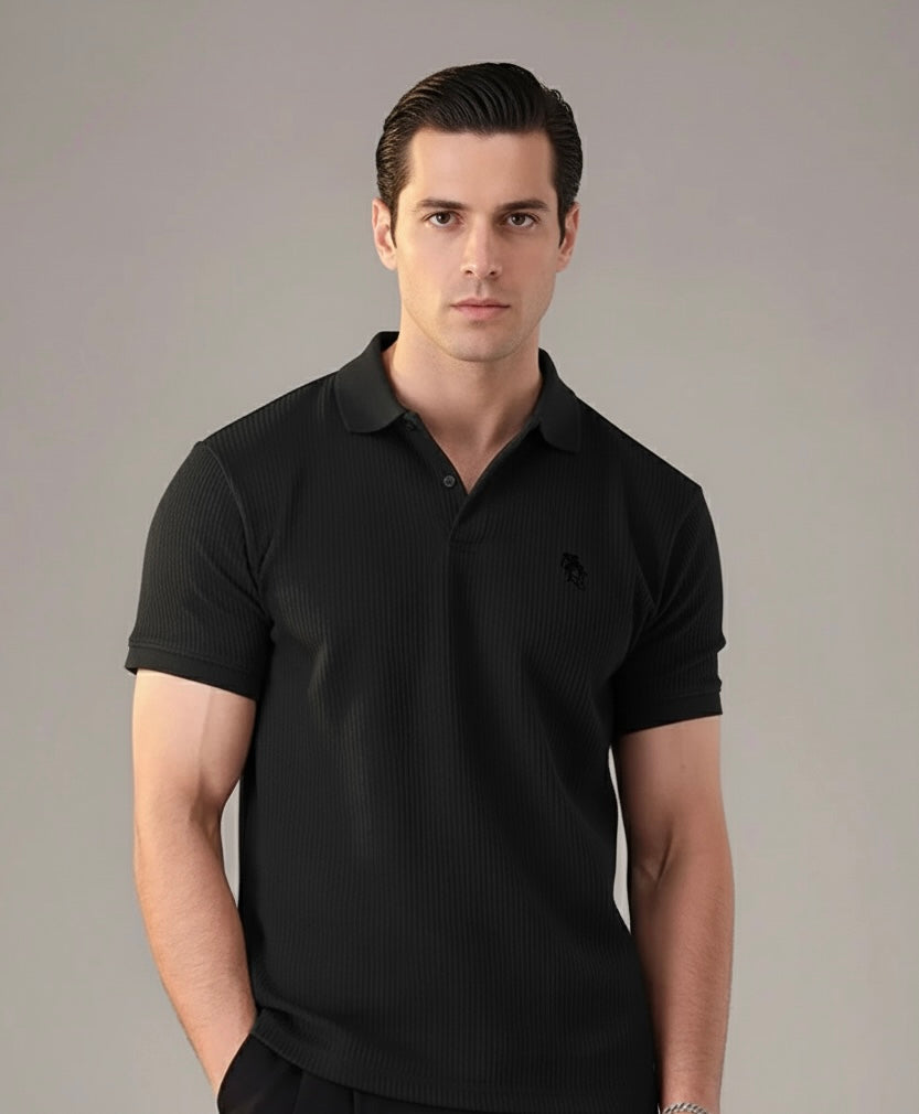 Black Waffle Knitted POLO Shirt