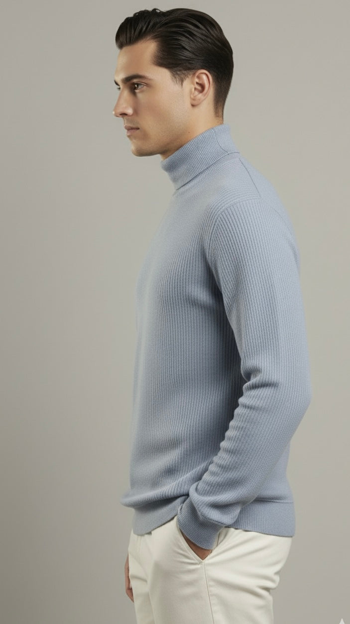Tealish Blue Rib Knitted Turtle Neck Shirt