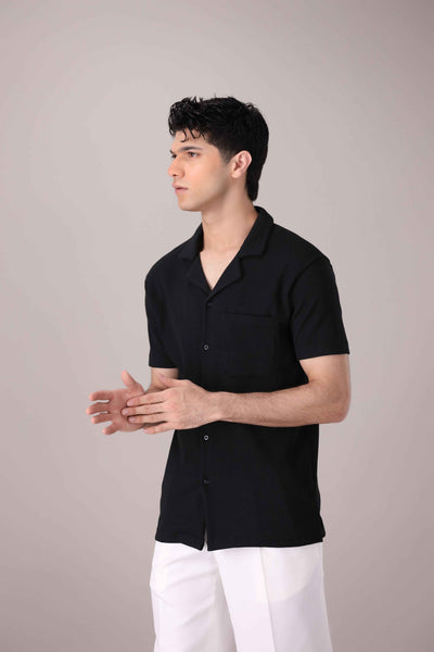 Black Waffle Knit Cuban Collar Shirt