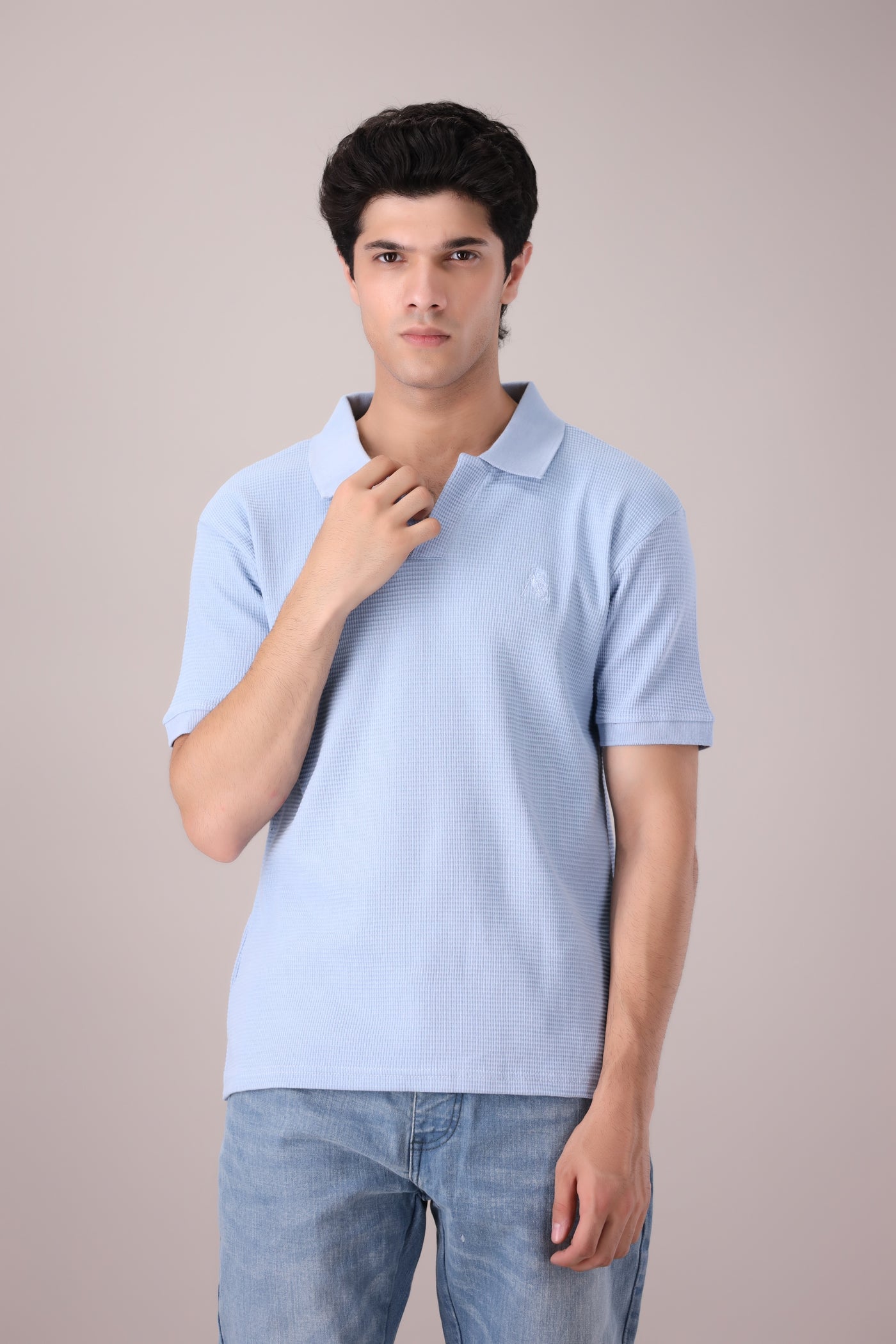 Sky Blue Johnny Collar Waffle Knitted POLO Shirt - OMH Clothing