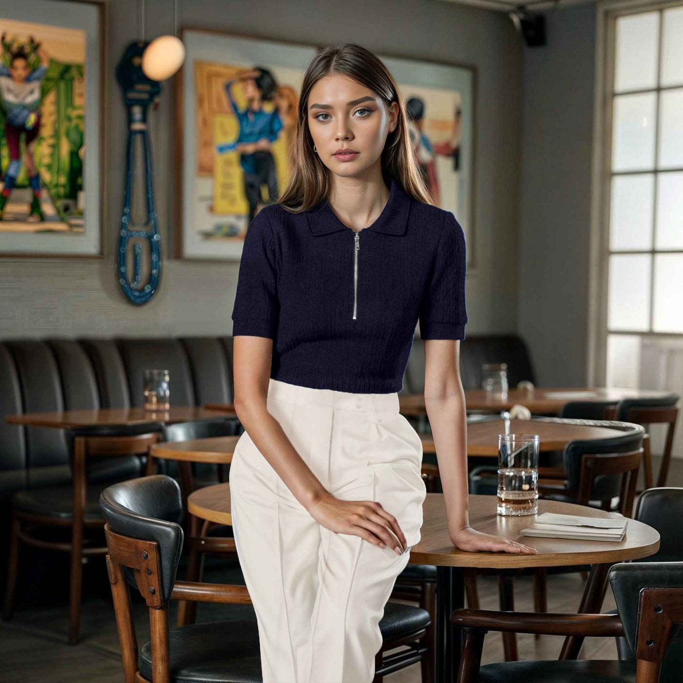 Navy Blue Rib knitted  Zip Polo Top