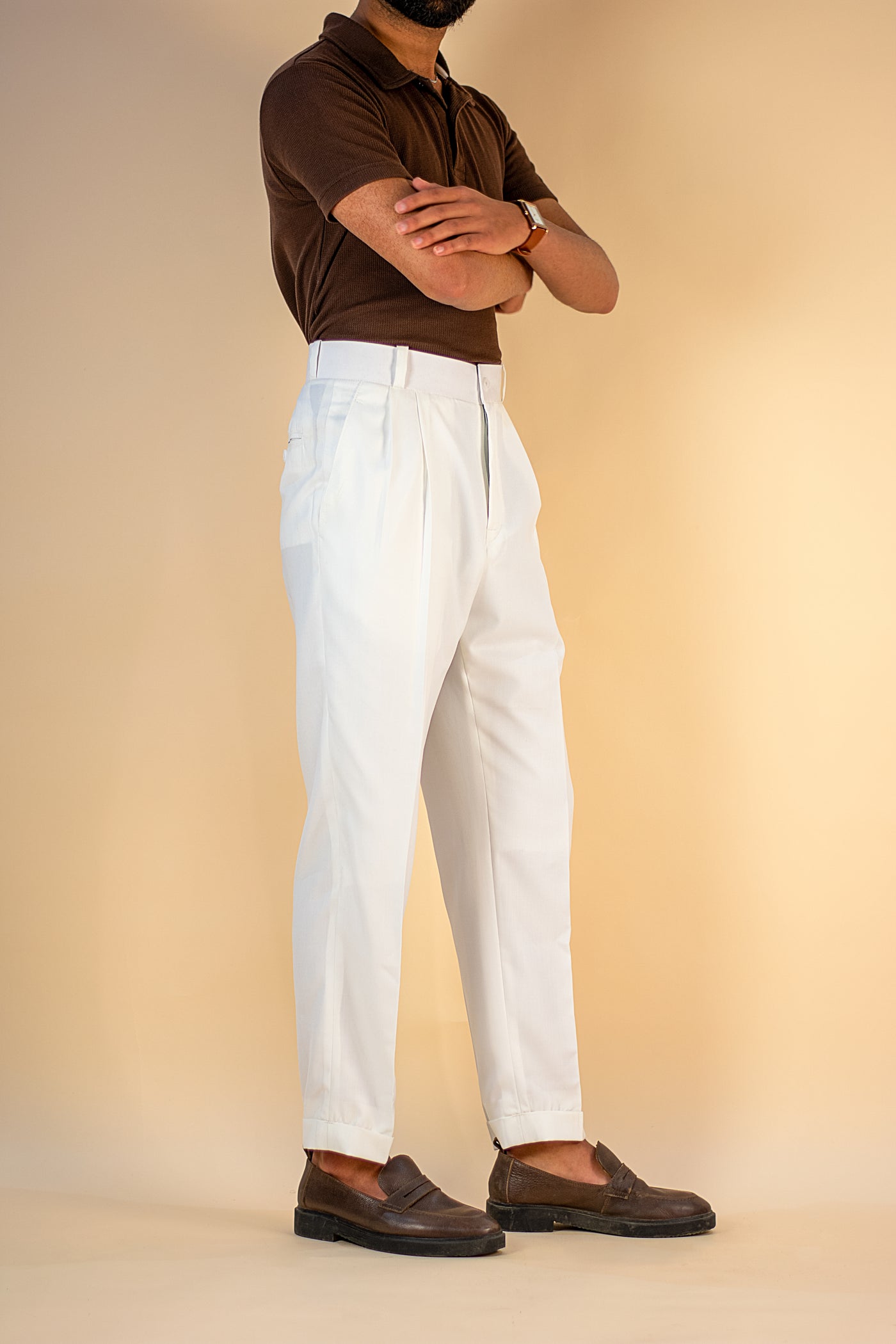 OFF WHITE CUT BELT KOREAN DOUBLE PLEATED PANT