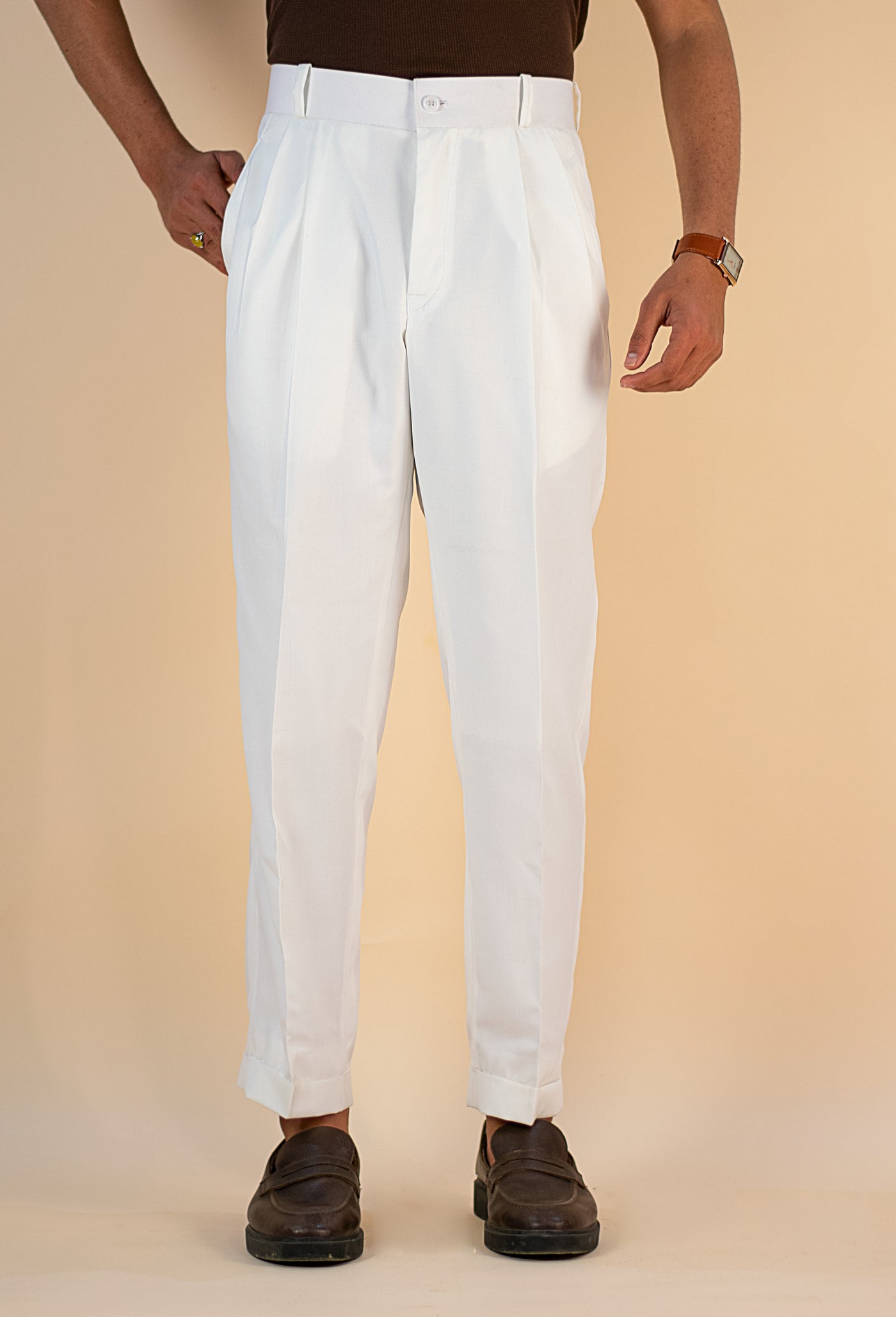 OFF WHITE CUT BELT KOREAN DOUBLE PLEATED PANT