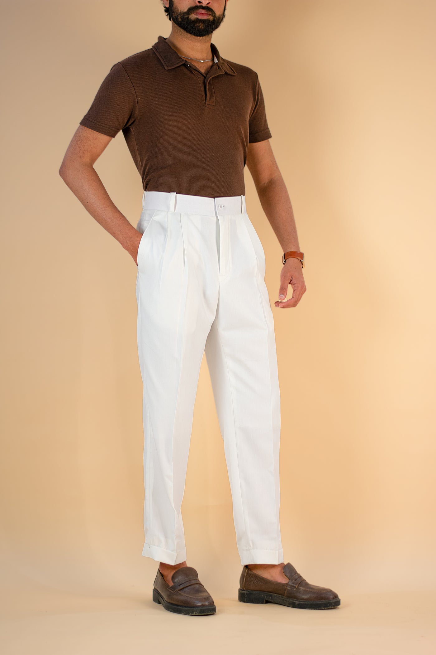 OFF WHITE CUT BELT KOREAN DOUBLE PLEATED PANT