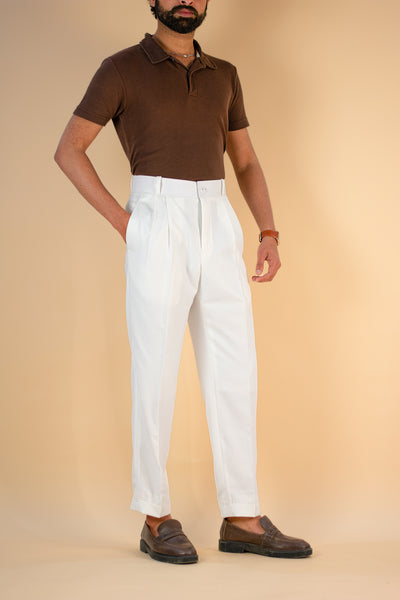 OFF WHITE CUT BELT KOREAN DOUBLE PLEATED PANT